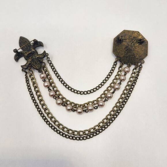 Fleur de Lis Shield  Brass Tone Sweater Brooch Pin Multi Chain Accent Rhinestone - Picture 4 of 5